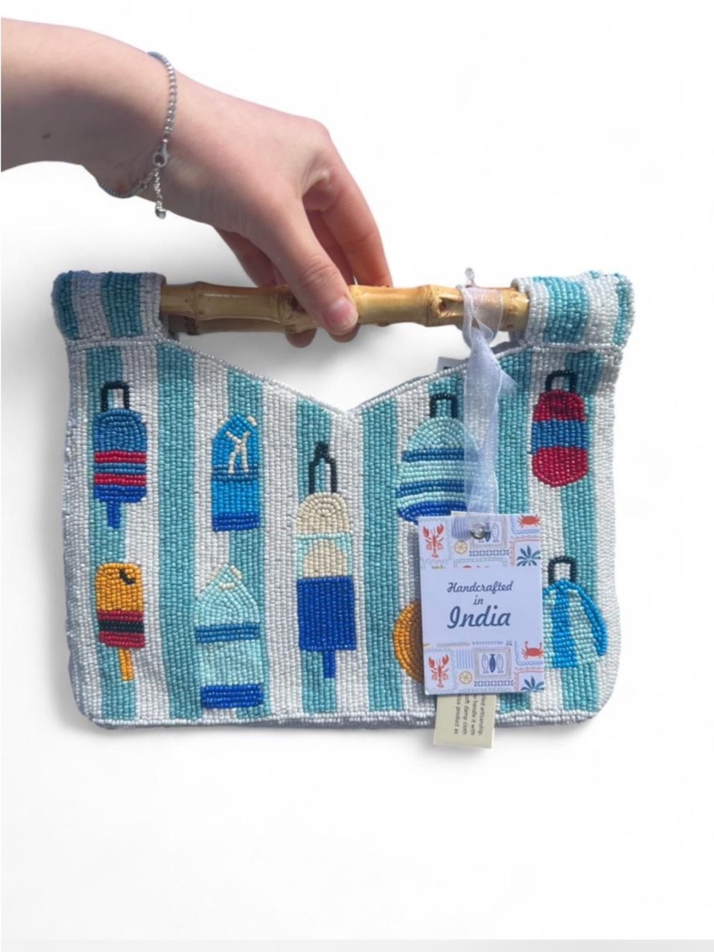 NEW blue striped buoy beaded Bamboo Handle Clutch bag made in india